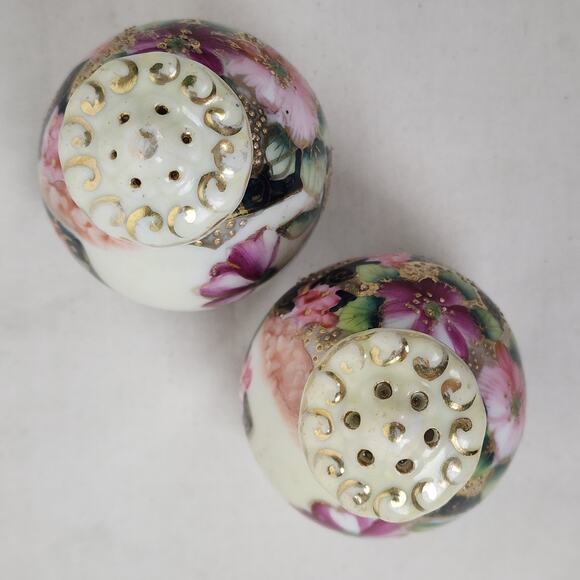 Victorian Salt & Pepper Shaker Set Moriage Floral Rose Gilt Muffineer Pink Black - Picture 6 of 11